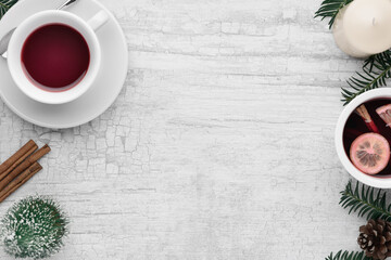 Christmas and New Year background with Christmas decorations, Media banner, Mockup, Flat design, Top view