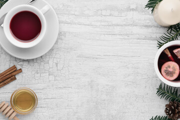 Christmas and New Year background with Christmas decorations, Media banner, Mockup, Flat design, Top view