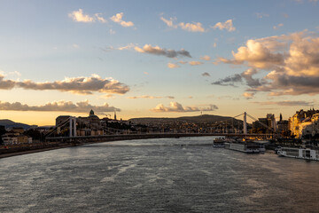 sunset over Danube river in Budapest, Hungary