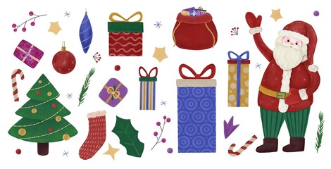 A collection of Christmas elements isolated on a white background. Boxes with gifts, different branches, Santa Claus, Christmas tree. Hand-drawn in watercolor style.
