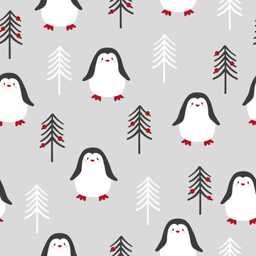 Merry Christmas seamless pattern with cute penguins and trees. Vector illustration