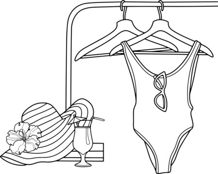 beachwear set: swimsuit, hat, drink, sunglasses clip art preview
