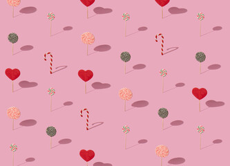 Colorful sweet and pink pattern. Candies of different shapes and sizes, on a bright background.