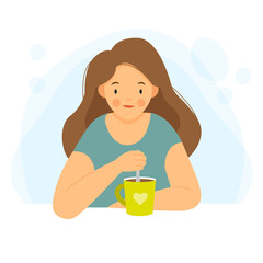 The girl sits at the table. The woman is drinking tea or coffee. Tea time. 