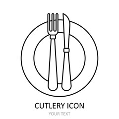 Vector illustration with dish, fork and knife. Cutlery sign language - finished the dish.
