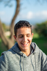 Half body photo of latin teenage boy with black hair