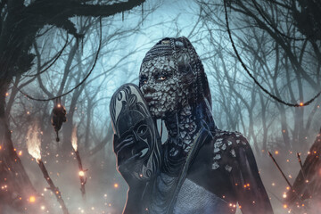 Evil voodoo witch with mask against night dark wood - obrazy, fototapety, plakaty