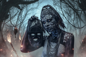 Evil voodoo witch with mask against night dark wood