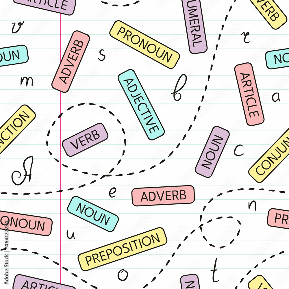Fototapete seamless pattern on notebook sheet in a line with names of the parts of speech. handwritten letters 