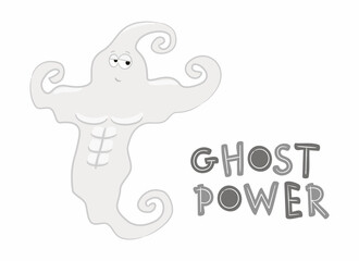 Ghost Power. Cartoon muscular ghost from the gym. A terrible strong athlete. Vector illustration on the theme of sports, bodybuilding, Halloween.