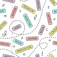 Seamless pattern on notebook sheet in a line with names of the parts of speech. Handwritten letters in a notebook. Background on the theme of school, grammar, education, learning, literacy, spelling. © JuliPaper