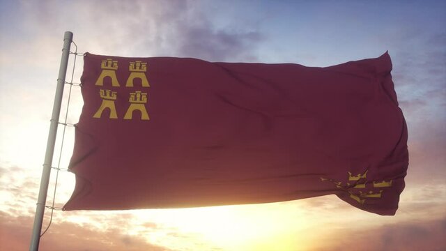 Murcia flag, Spain, waving in the wind, sky and sun background