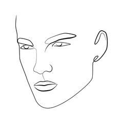 Man face close-up one line drawing on white isolated background. Vector illustration