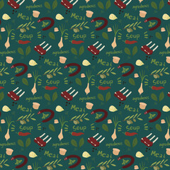Hand drawn cartoon seamless pattern of food. Vector isolated illustrations.