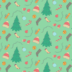 winter holidays pattern with mittens, socks, candies Christmas tree on mint background