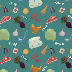 Hand drawn cartoon seamless pattern of food and kitchen stuff. Vector isolated illustrations.