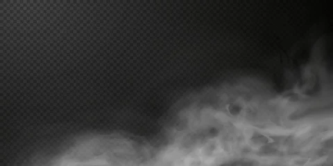Zelfklevend Fotobehang White smoke puff isolated on transparent black background. PNG. Steam explosion special effect. Effective texture of steam, fog, smoke png. Vector.   © Sergey