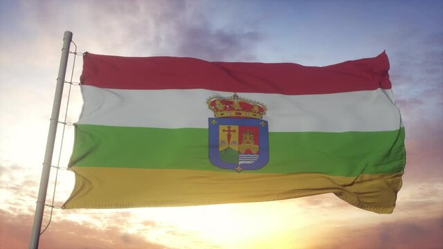 La Rioja flag, Spain, waving in the wind, sky and sun background