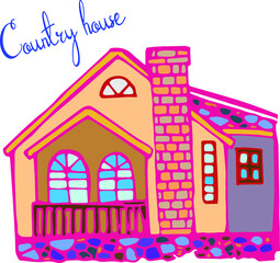 Obraz na płótnie Canvas Vector hand drawn doodle house, cozy home, building, cottage, vector lettering, colored doodle house, pink colours house, winter cottage
