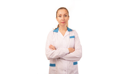 Young girl doctor on a white background in a white coat