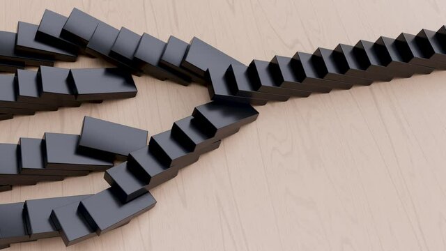 3D Dominoeffekt: Thema Kettenreaktion, Schneeballsystem oder Pandemie oder exponentielles Wachstum