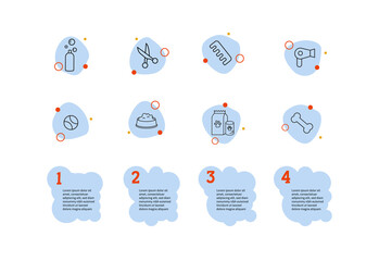 Pet grooming icons set. Dog grooming icons. Steps number for website. Bubble text for pet shop.