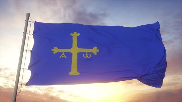 Asturian flag, Spain, waving in the wind, sky and sun background
