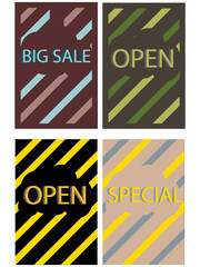 Collection of sale and discount offers flyers. Square open and special banners with coloured background for web and print