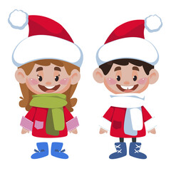Cartoon children, boy and girl in Christmas costumes, red and white. Vector children characters in baby style flat.