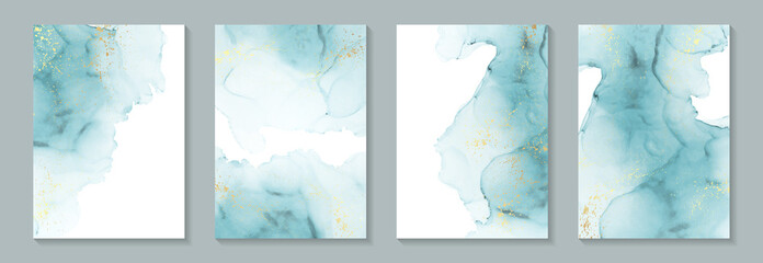 Modern watercolor background or elegant card design for birthday invite or wedding or menu with abstract blue ink waves and golden splashes on a white.