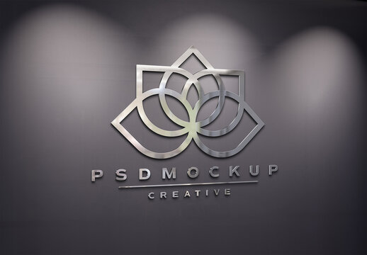 Logo Mockup on Office Wall with 3D Glossy Metal Effect