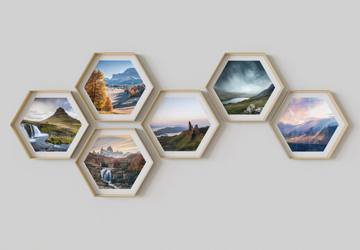 Gold Hexagon Photo Frames Mockup Hanging on Wall