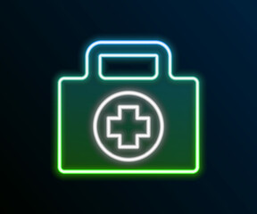 Obraz premium Glowing neon line First aid kit icon isolated on black background. Medical box with cross. Medical equipment for emergency. Healthcare concept. Colorful outline concept. Vector