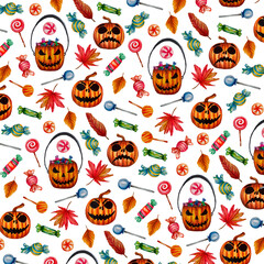 Pattern di Halloween con zucche spaventose disegnate a mano, lecca-lecca, caramelle e foglie autunnali