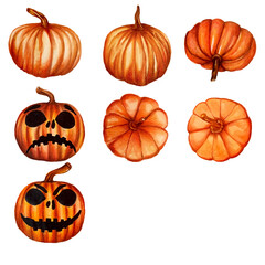 Set elementi di Halloween disegnati a mano con zucche arancioni e facce spaventose su due di esse