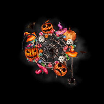 Sfondo nero di Halloween con deliziose zucche spaventose disegnate a mano, lecca-lecca e caramelle, ragnatela nera e ragno, due piccoli pipistrelli, teschi e cappelli di streghe