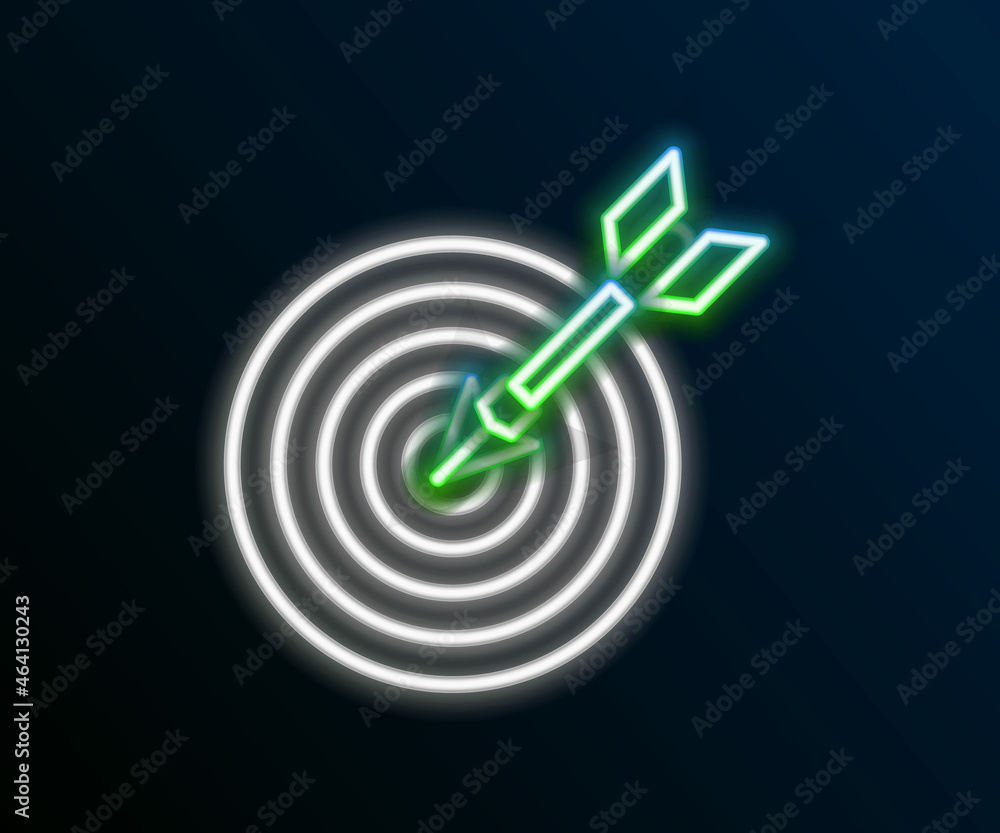 Poster glowing neon line target with arrow icon isolated on black background. dart board sign. archery boar