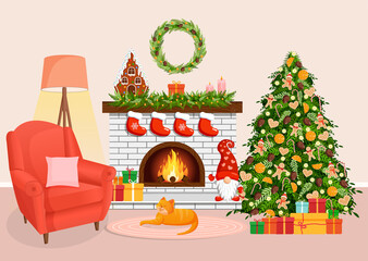 Christmas cozy home interior with fireplace, tree, gifts, armchair, lamp and cat. Scandinavian and hygge style. Vector illustration of a room for a postcard, banner, poster, website.