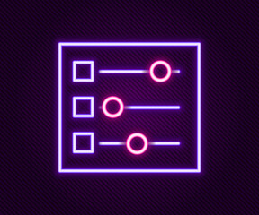 Glowing neon line Car settings icon isolated on black background. Auto mechanic service. Repair service auto mechanic. Maintenance sign. Colorful outline concept. Vector
