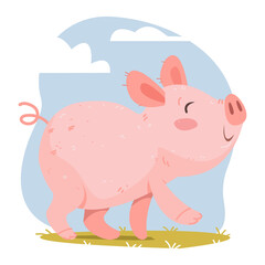 A merry pig goes along the grass. Isolated clipart on white background. Cheerful children s style. Symbol of the year 2019.