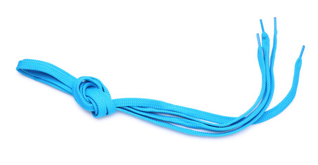 Shoe laces tied in knot on white background