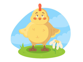 Cute little newborn chick on a green meadow in cartoon style. Chick learns to fly isolated vector illustration. Yellow child bird animal.
