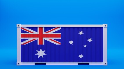 Side View Shipping Container on Blue Background with the National Flag of Australia