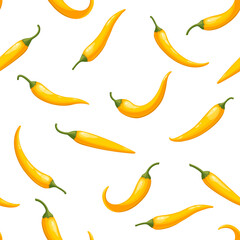 Vector seamless pattern of realistic red hot chili peppers, large chilly pepper pattern isolated on white. Flat vector illustration, cartoon style vegetables.