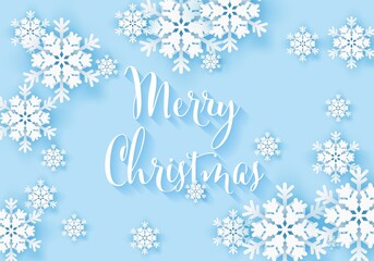 Naklejka na ściany i meble Winter snowflake greeting banner with blue background. Merry Christmas white snow invitation design card. Wintertime paper poster template for christmas holiday. Vector illustration