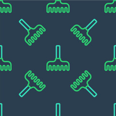 Line Garden rake icon isolated seamless pattern on blue background. Tool for horticulture, agriculture, farming. Ground cultivator. Vector