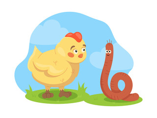 Cute little newborn chick with worm on a meadow. Isolated vector illustration of a chubby chick meets a worm. Yellow child bird animal.
