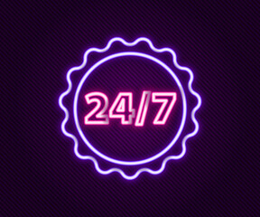 Glowing neon line Clock 24 hours icon isolated on black background. All day cyclic icon. 24 hours service symbol. Colorful outline concept. Vector