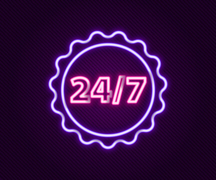 Glowing neon line Clock 24 hours icon isolated on black background. All day cyclic icon. 24 hours service symbol. Colorful outline concept. Vector