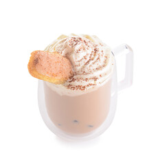 Glass cup of tasty Tiramisu Latte on white background